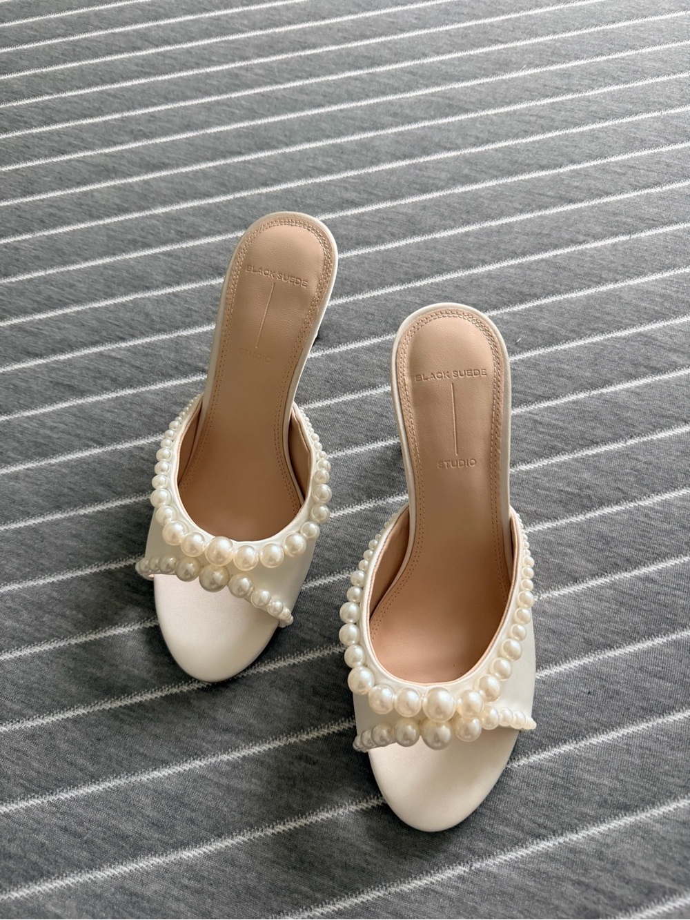 Pearl-Embellished White Slide Sandals